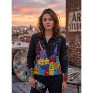 Vintage Black Cotton City Pop Art Embroidered Blazer Jacket L Dopamine Textured